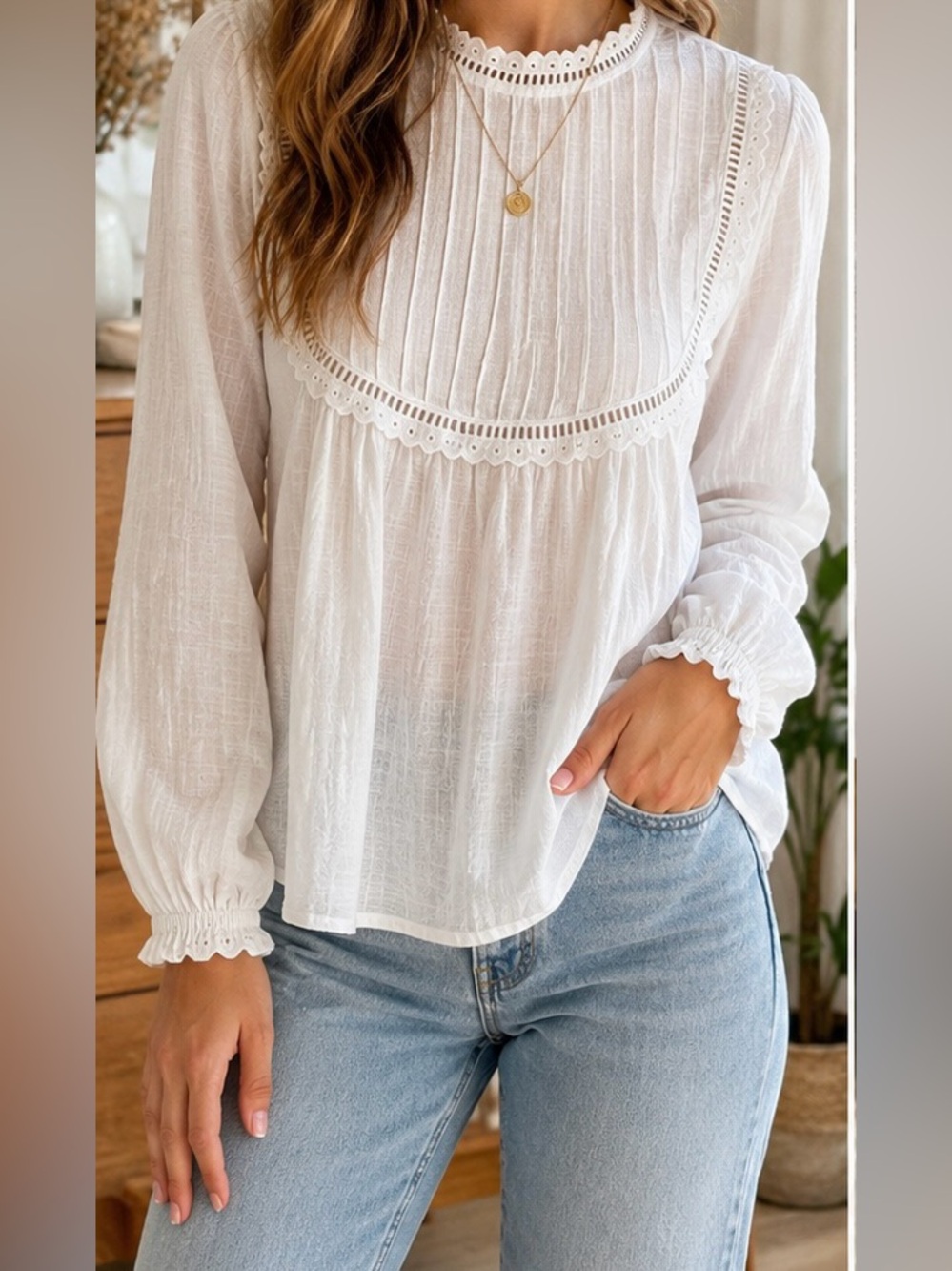 H&M L.O.G.G. White Cotton Eyelet Bib Cottagecore Blouse Size 2